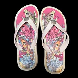 Koi Fish Print Flip Flops - Ed Hardy